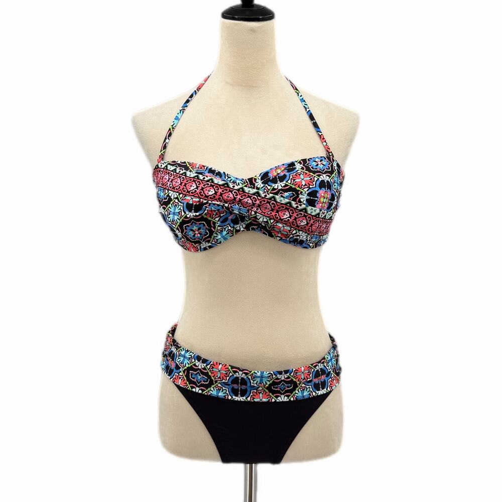 La Blanca Bandeau Halter Top Black Floral Geometric 2 Piece Bikini Swimsuit